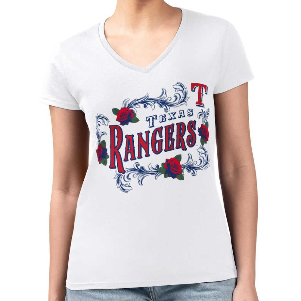 Texas Rangers G-III 4Her by Carl Banks Women's Super-Slim Fit Lightweight Retro Roses V-Neck T-Shirt White