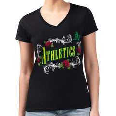 Athletics G-III 4Her by Carl Banks Women's Super-Slim Fit Lightweight Retro Roses V-Neck T-Shirt Black