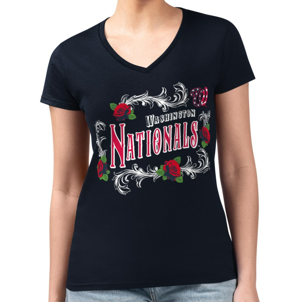 Washington Nationals G-III 4Her by Carl Banks Women's Super-Slim Fit Lightweight Retro Roses V-Neck T-Shirt Navy