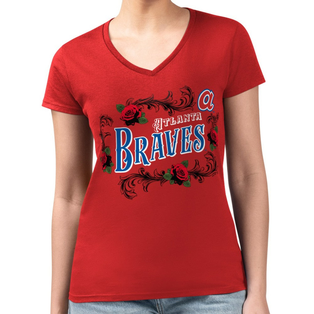 Atlanta Braves G-III 4Her by Carl Banks Women's Super-Slim Fit Lightweight Retro Roses V-Neck T-Shirt Red