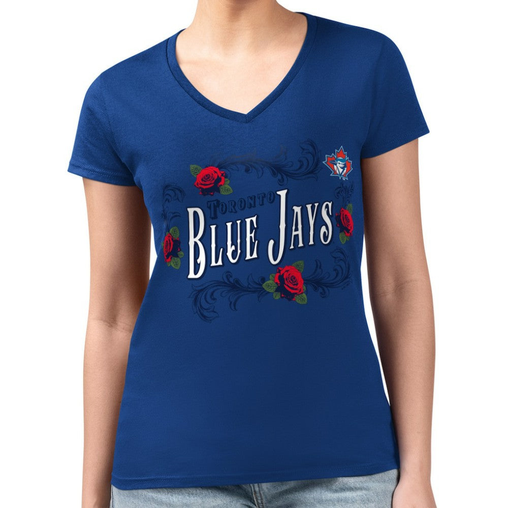 Toronto Blue Jays G-III 4Her by Carl Banks Women's Super-Slim Fit Lightweight Retro Roses V-Neck T-Shirt Royal