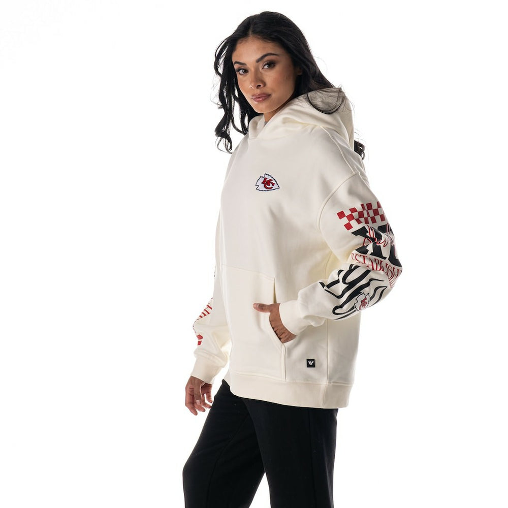 Kansas City Chiefs The Wild Collective Unisex Stacked Graphic Sleeve Fleece Hoodie - Cream on sale