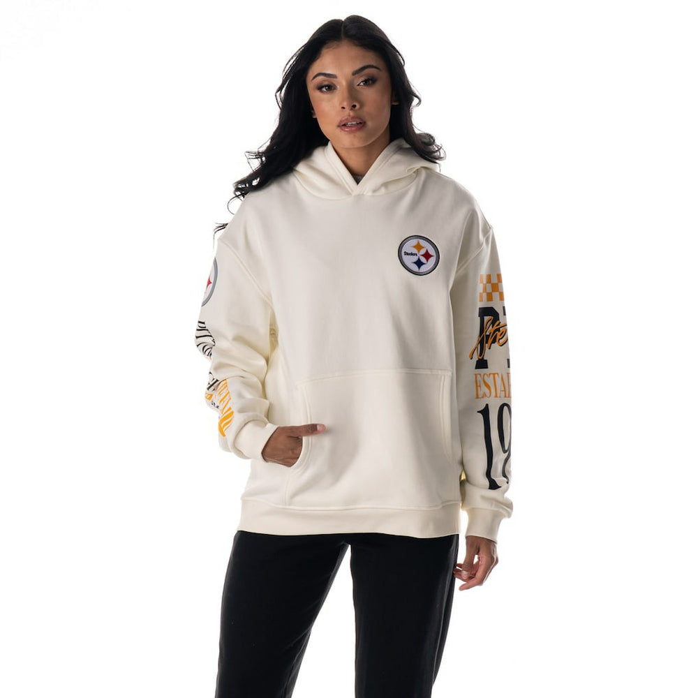 Pittsburgh Steelers The Wild Collective Unisex Stacked Graphic Sleeve Fleece Hoodie - Cream sale