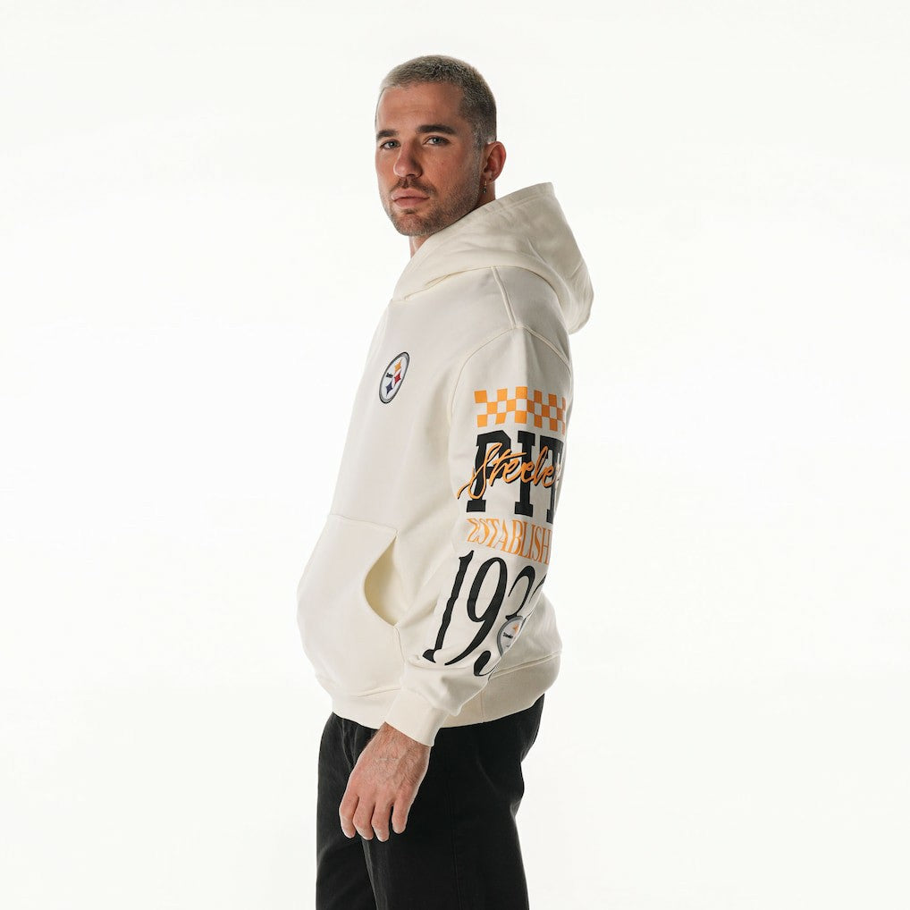 Pittsburgh Steelers The Wild Collective Unisex Stacked Graphic Sleeve Fleece Hoodie - Cream sale