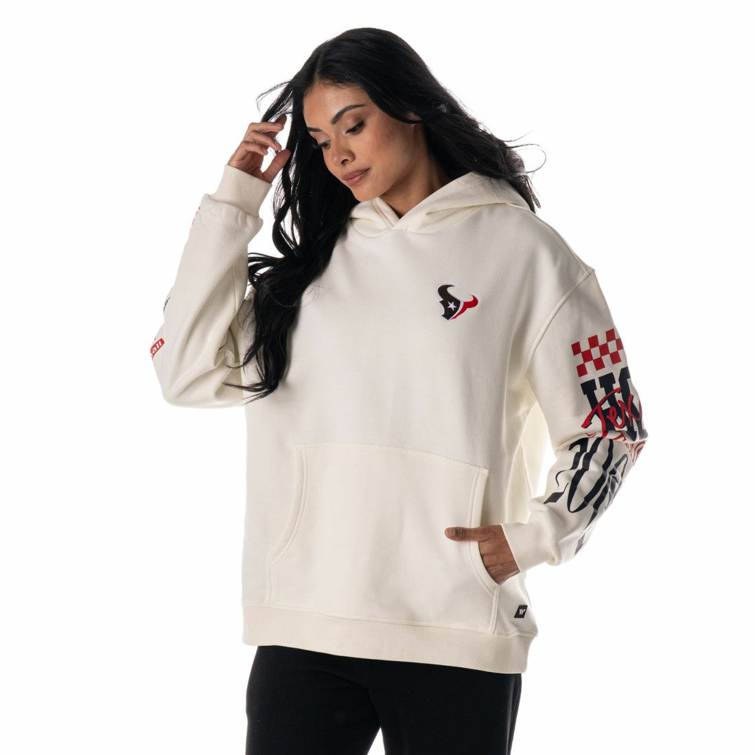 Houston Texans The Wild Collective Unisex Stacked Graphic Sleeve Fleece Hoodie - Cream for sale
