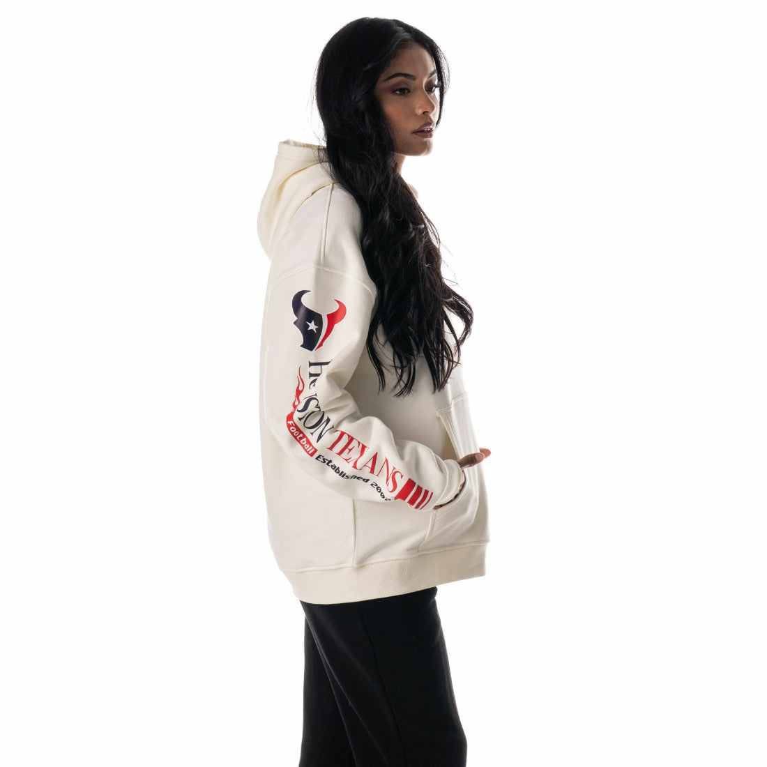 Houston Texans The Wild Collective Unisex Stacked Graphic Sleeve Fleece Hoodie - Cream for sale