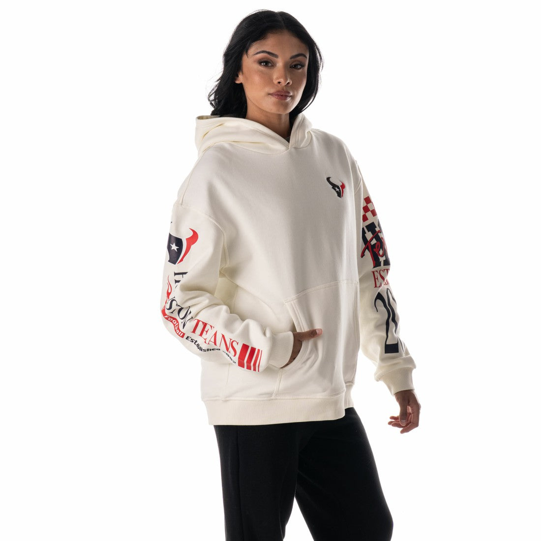 Houston Texans The Wild Collective Unisex Stacked Graphic Sleeve Fleece Hoodie - Cream for sale