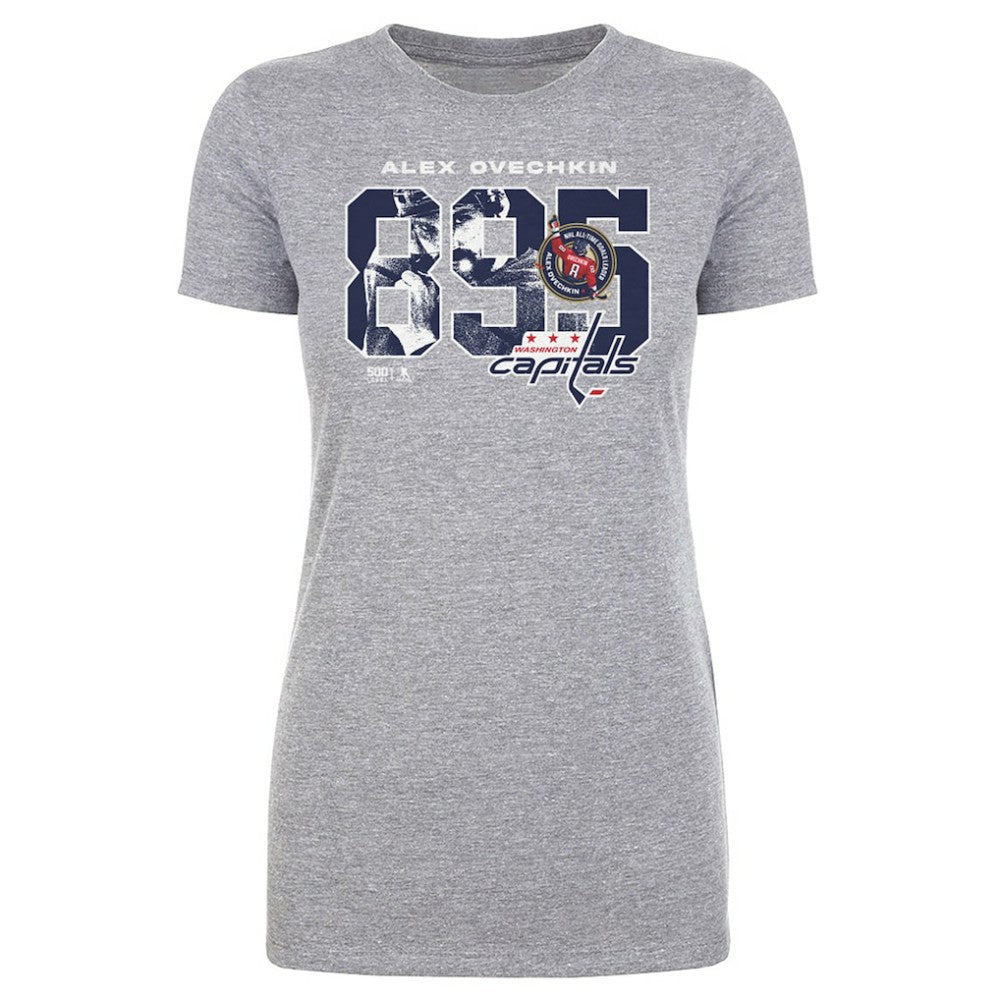Alexander Ovechkin Washington Capitals 500 Level Women's NHL All-Time Leading Goal Scorer Overlay T-Shirt - Heather Gray T-shirts
