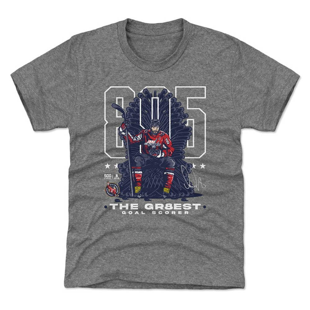 Alexander Ovechkin Washington Capitals 500 Level Youth NHL All-Time Leading Goal Scorer Throne T-Shirt - Gray T-shirts