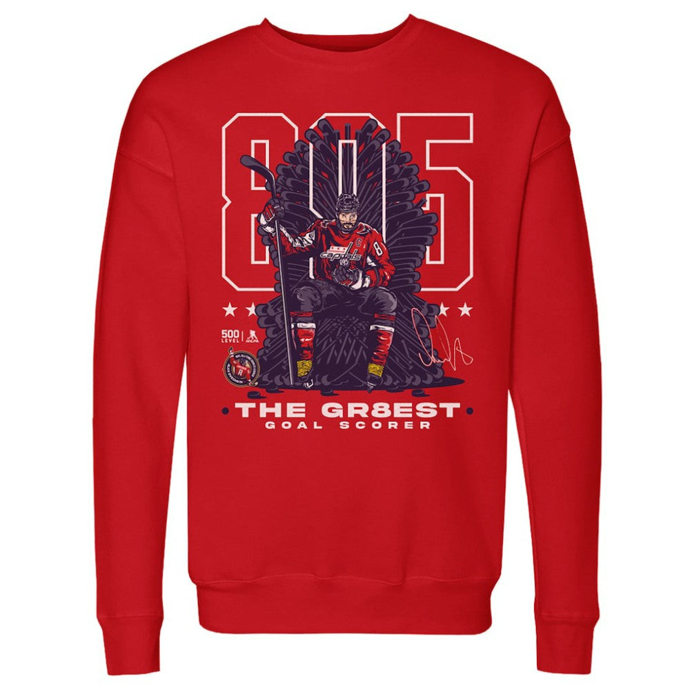 Alexander Ovechkin Washington Capitals 500 Level NHL All-Time Leading Goal Scorer Throne Pullover Sweatshirt - Red Sweatshirts