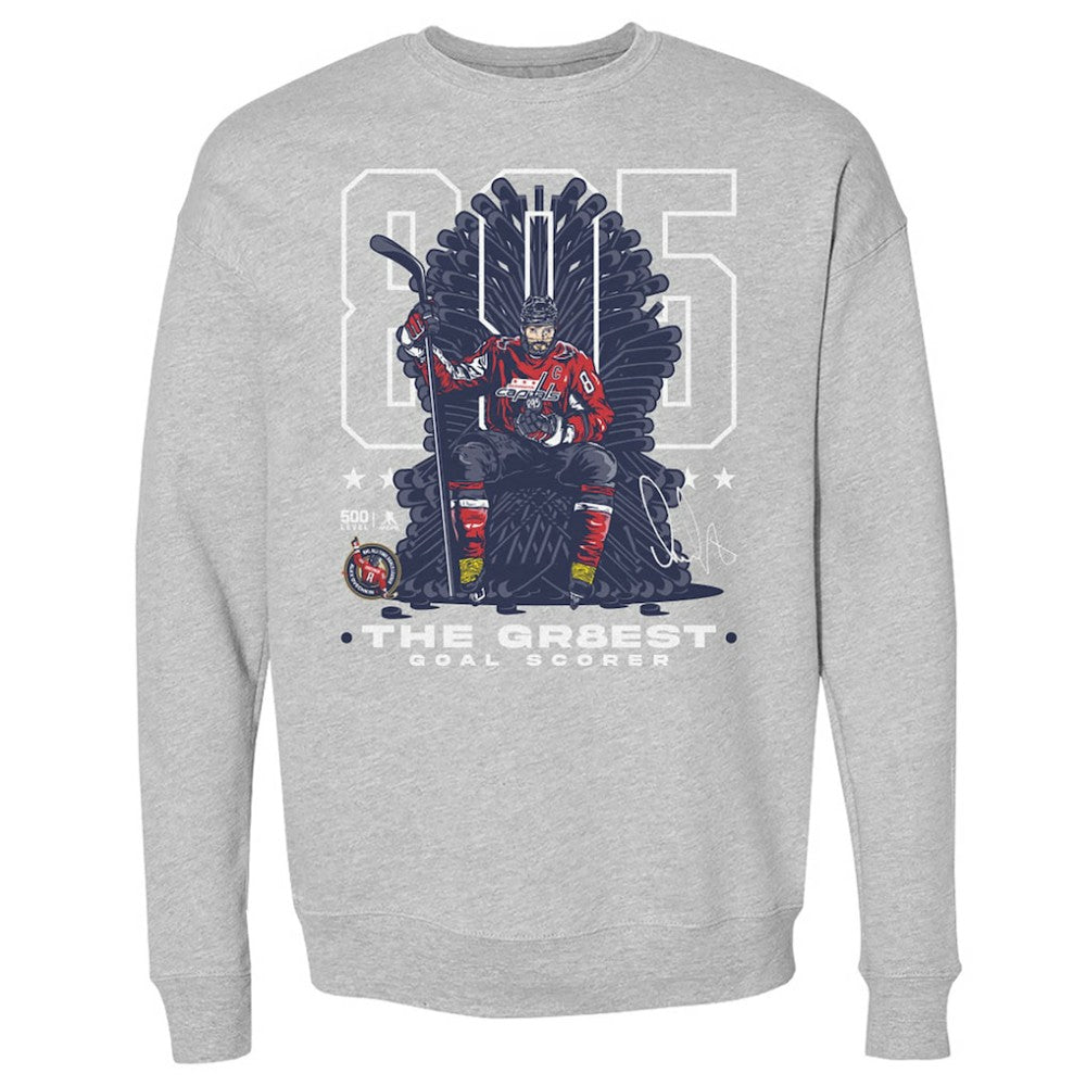 Alexander Ovechkin Washington Capitals 500 Level NHL All-Time Leading Goal Scorer Throne Pullover Sweatshirt - Heather Gray Sweatshirts