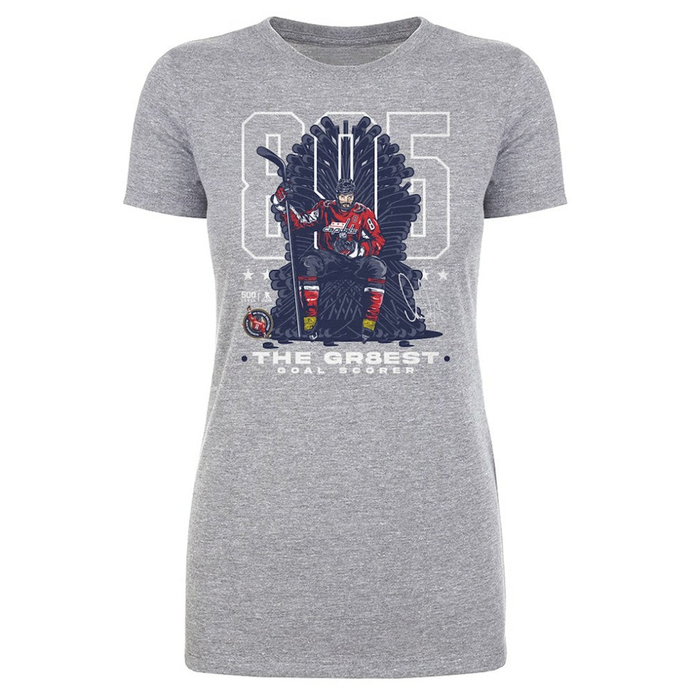 Alexander Ovechkin Washington Capitals 500 Level Women's NHL All-Time Leading Goal Scorer Throne T-Shirt - Heather Gray T-shirts