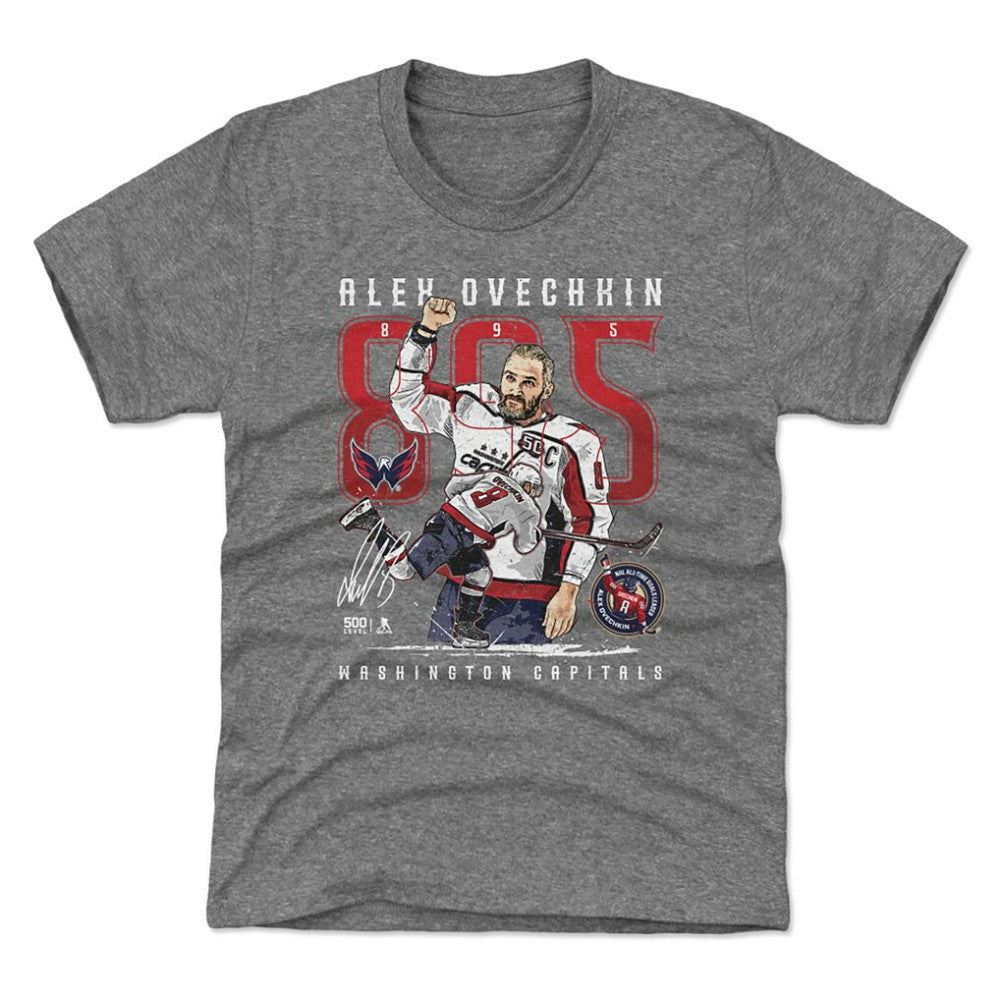 Alexander Ovechkin Washington Capitals 500 Level Youth NHL All-Time Leading Goal Scorer The Shot T-Shirt - Gray T-shirts