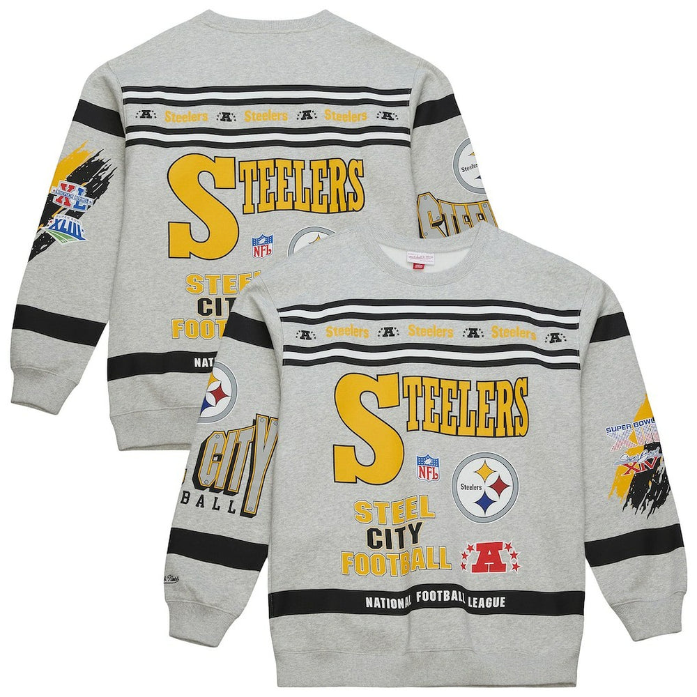 Pittsburgh Steelers All Over Print Vintage Fleece Crewneck Sweatshirt - Heather Gray outlet
