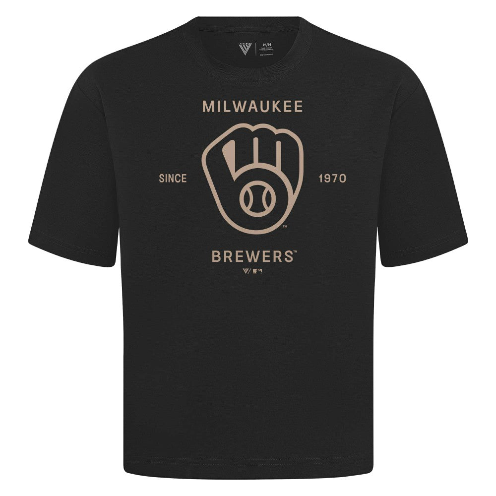 Milwaukee Brewers Levelwear Crossway Oversized Luxe Signature Knit T-Shirt Black