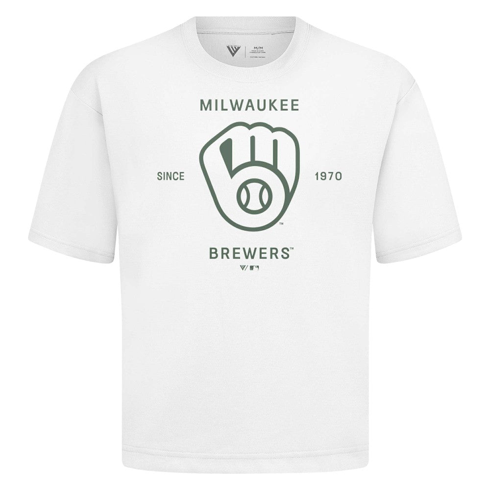 Milwaukee Brewers Levelwear Crossway Oversized Luxe Signature Knit T-Shirt White