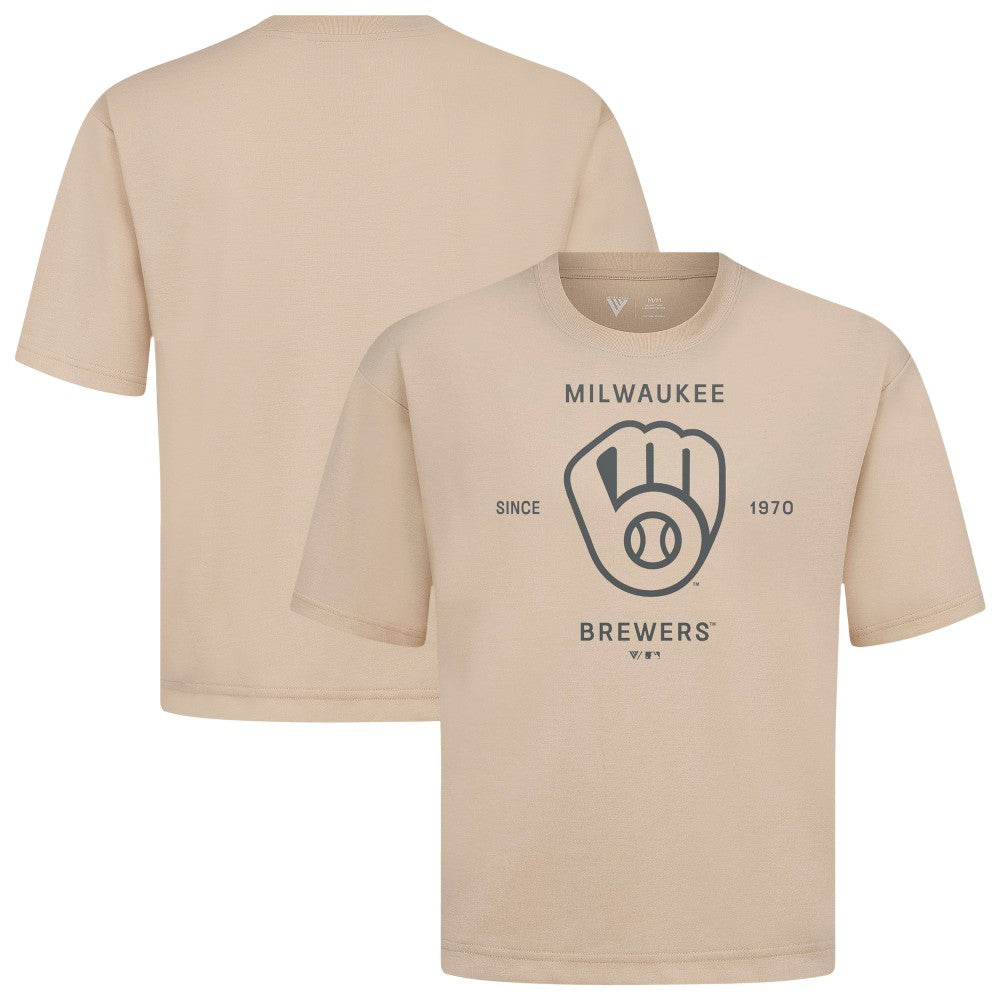 Milwaukee Brewers Levelwear Crossway Oversized Luxe Signature Knit T-Shirt Khaki