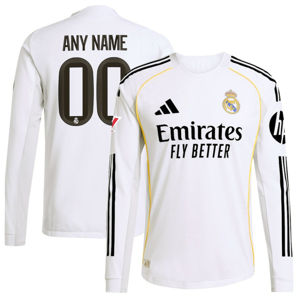 Real Madrid 2025/26 Home Long Sleeve Custom Jersey - White for sale