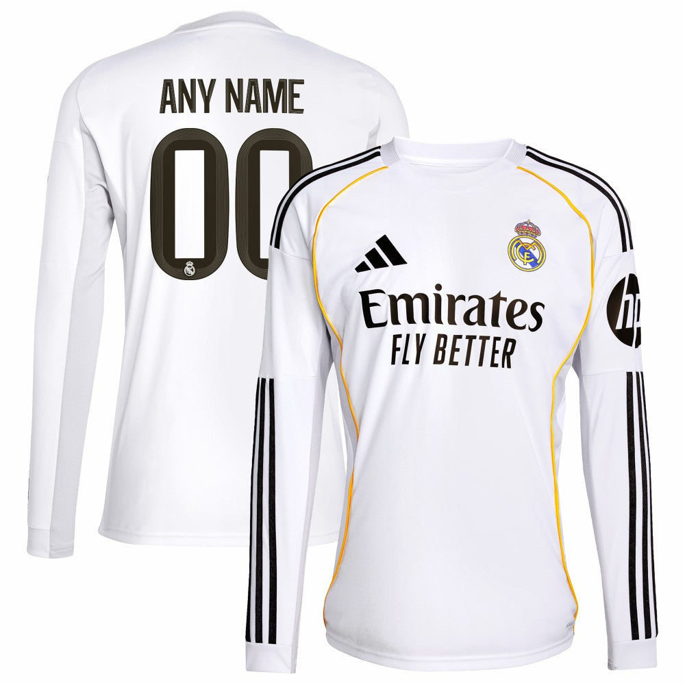 Real Madrid 2025/26 Home Replica Long Sleeve Custom Jersey - White on sale