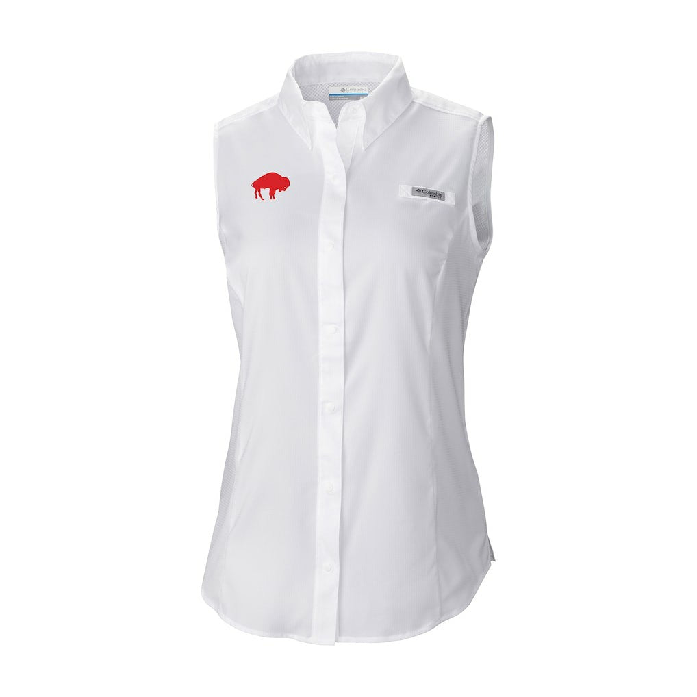 Buffalo Bills Women's Historic Tamiami Omni-Shade Sleeveless Button-Up Shirt - White on sale
