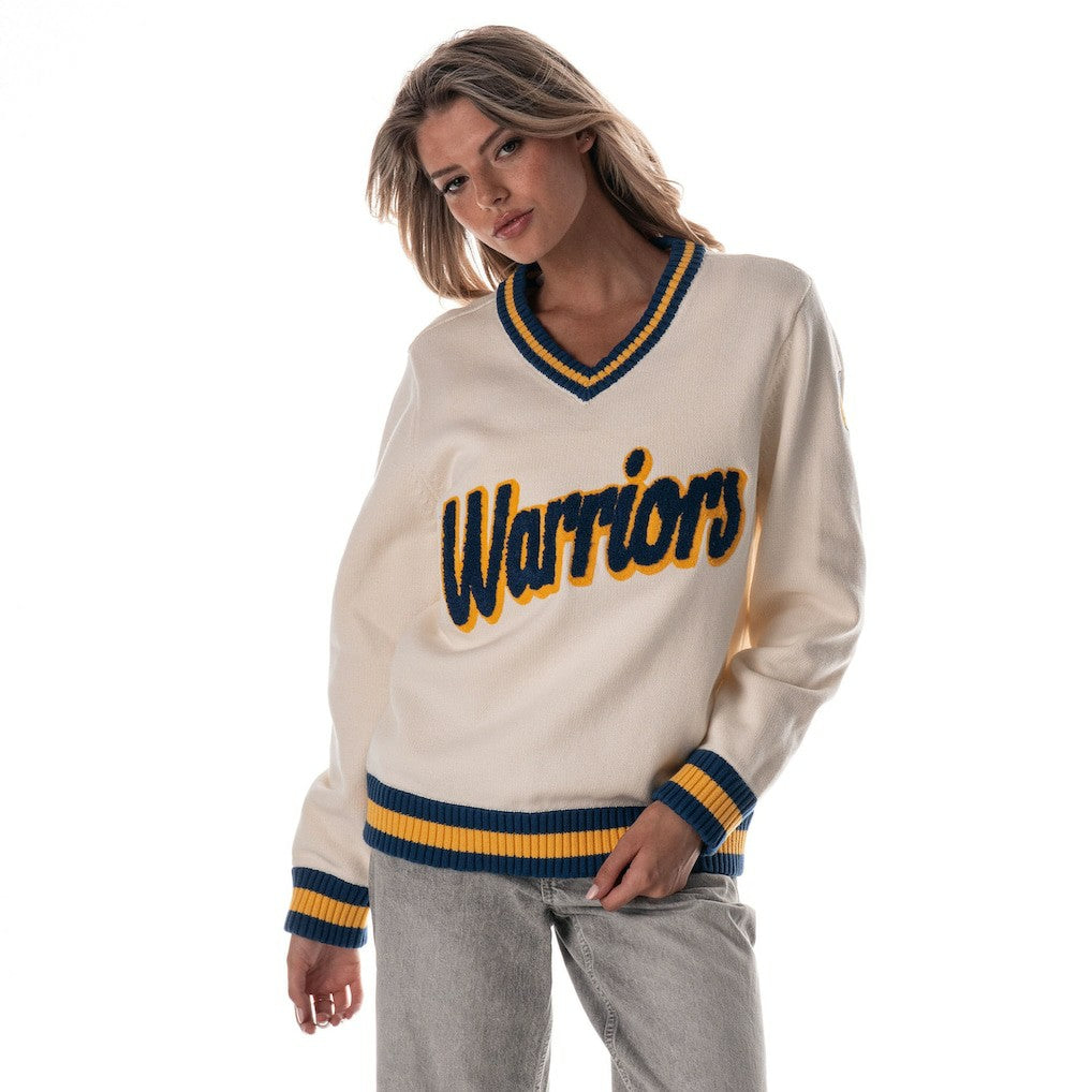 Golden State Warriors The Wild Collective Women's Jacquard V-Neck Sweater sale - Cream discount