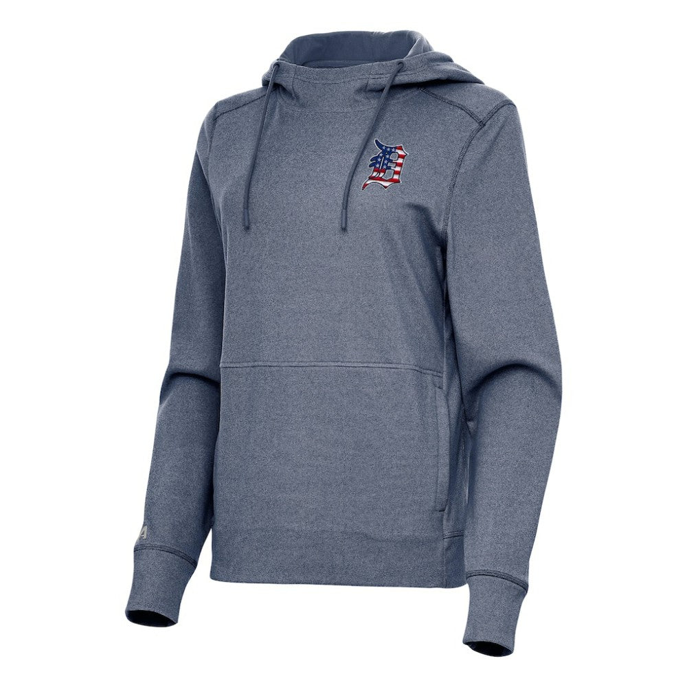 Detroit Tigers Antigua Women's Justice Stars and Stripes Team Logo Pullover Hoodie Heather Navy