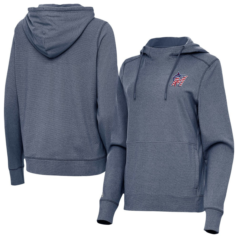 Miami Marlins Antigua Women's Justice Stars and Stripes Team Logo Pullover Hoodie Heather Navy