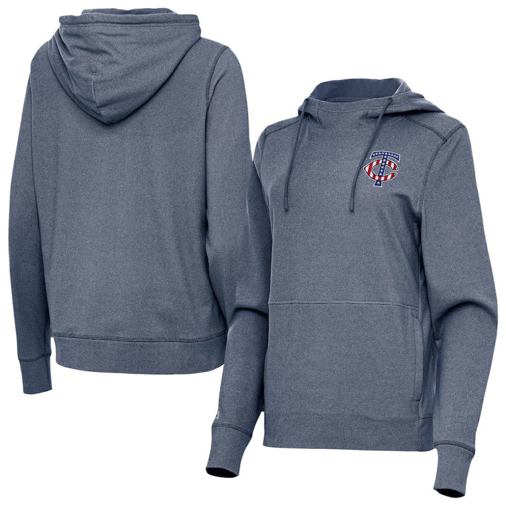 Minnesota Twins Antigua Women's Justice Stars and Stripes Team Logo Pullover Hoodie Heather Navy