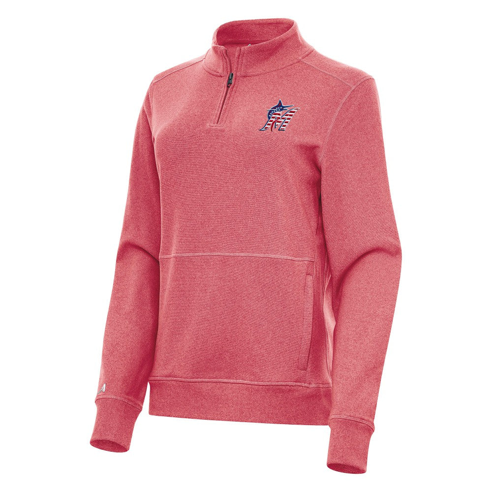 Miami Marlins Antigua Women's Crush Stars and Stripes Team Logo Quarter-Zip Pullover Top Heather Red