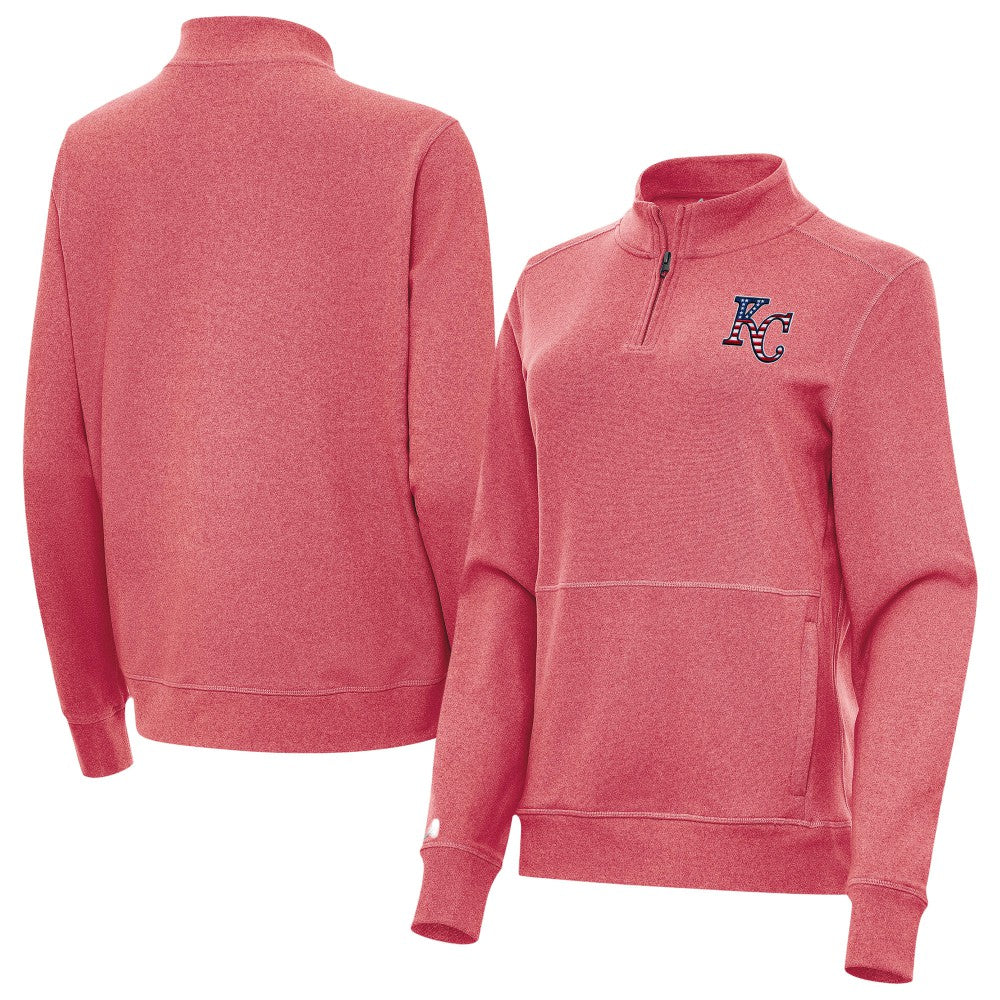 Kansas City Royals Antigua Women's Crush Stars and Stripes Team Logo Quarter-Zip Pullover Top Heather Red