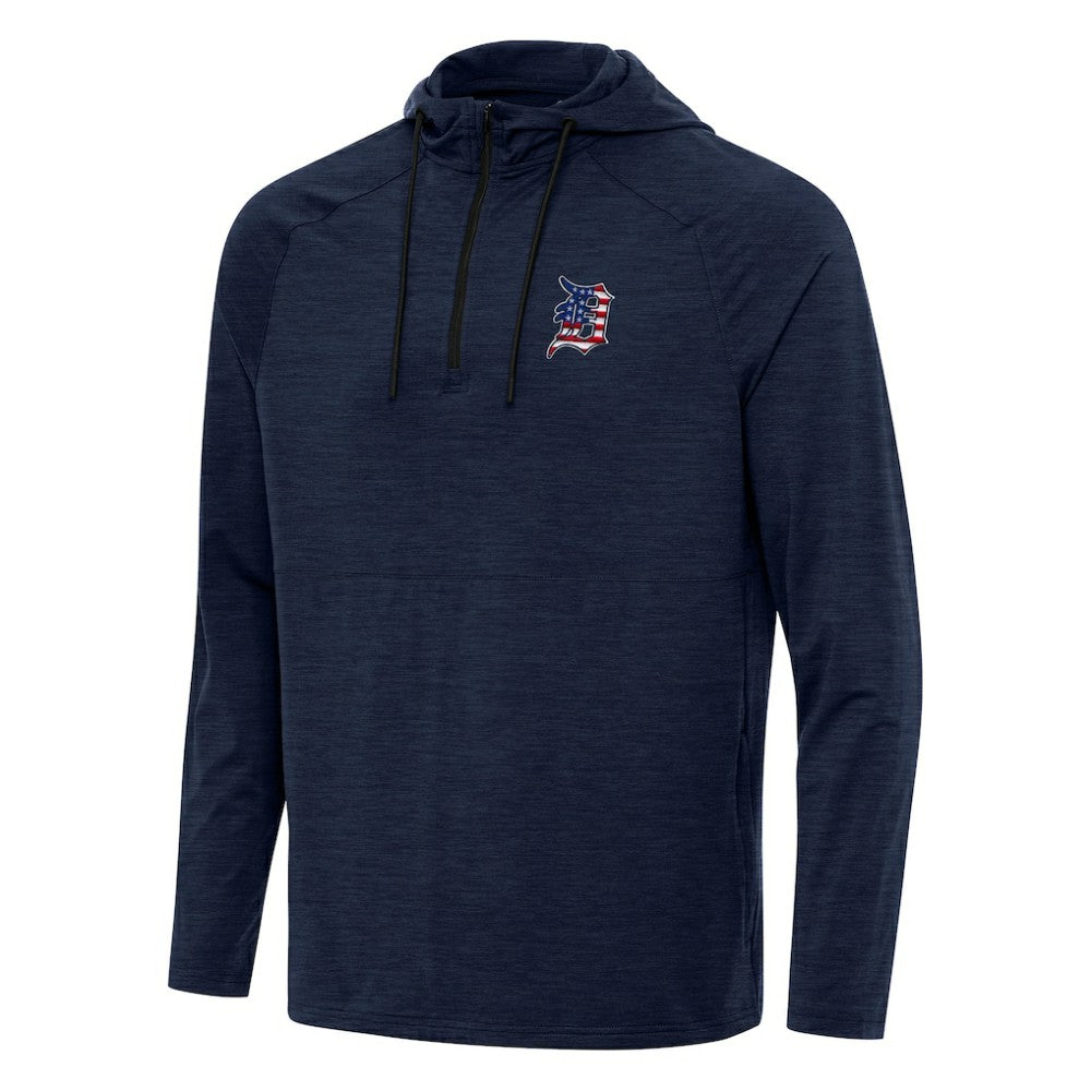 Detroit Tigers Antigua Spikes Stars and Stripes Team Logo Quarter-Zip Pullover Hoodie Heather Navy