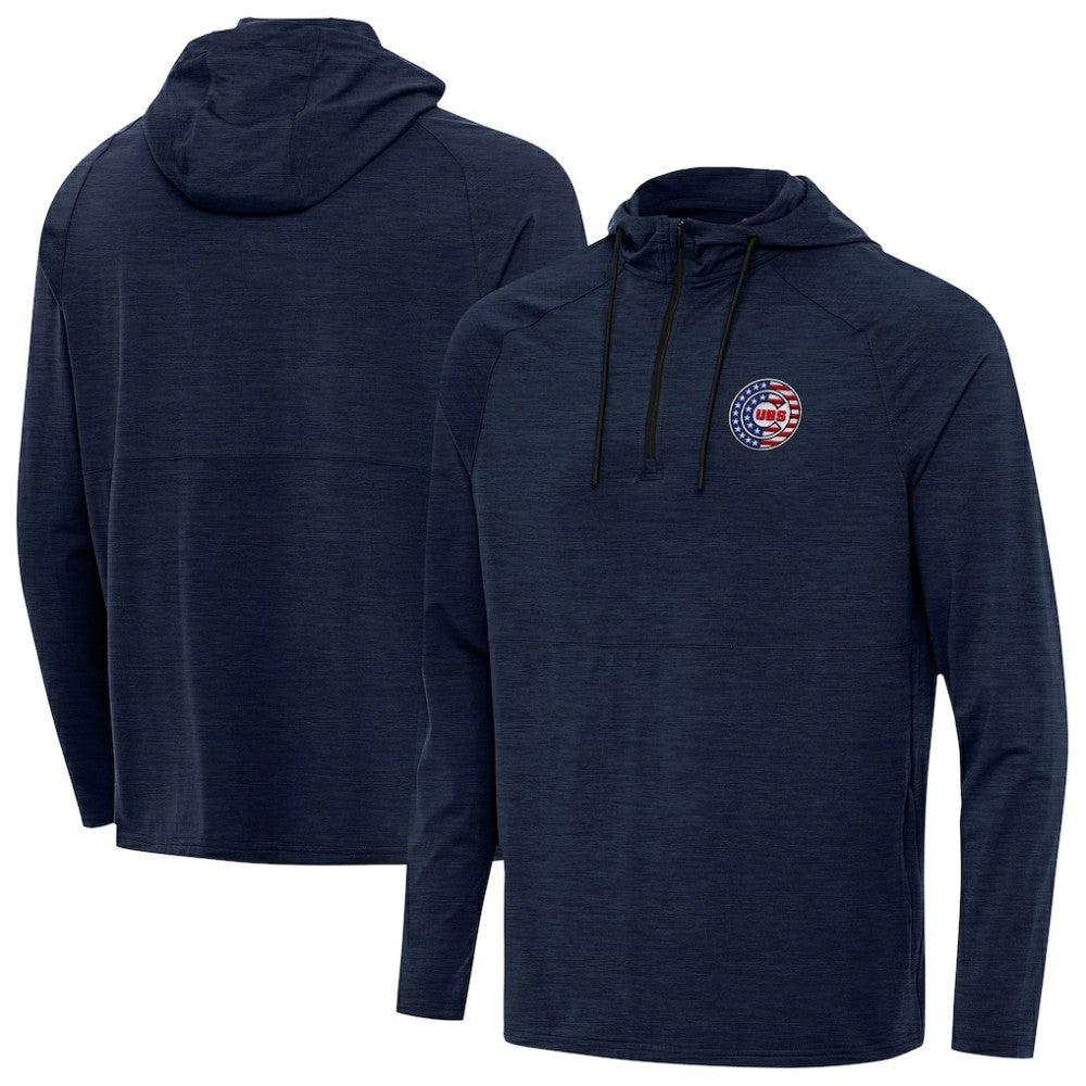 Chicago Cubs Antigua Spikes Stars and Stripes Team Logo Quarter-Zip Pullover Hoodie Heather Navy