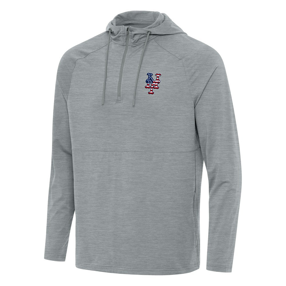 New York Mets Antigua Spikes Stars and Stripes Team Logo Quarter-Zip Pullover Hoodie Heather Gray