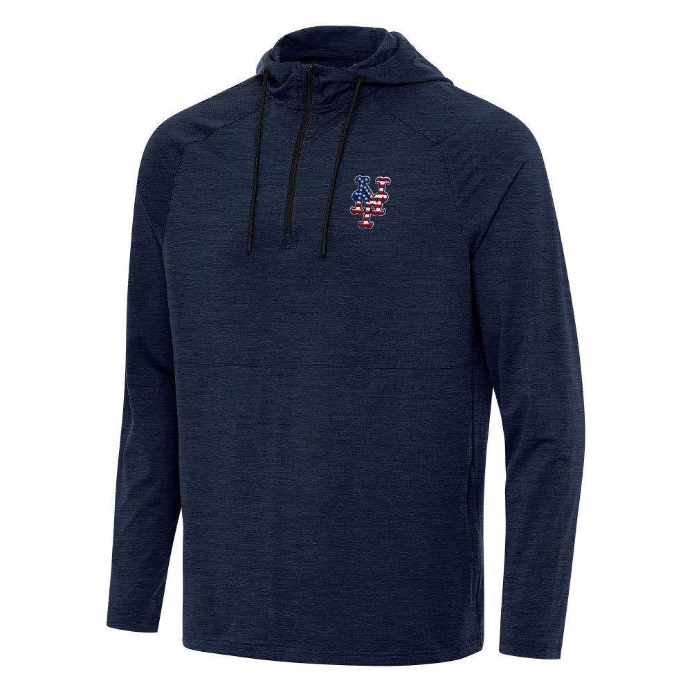 New York Mets Antigua Spikes Stars and Stripes Team Logo Quarter-Zip Pullover Hoodie Heather Navy