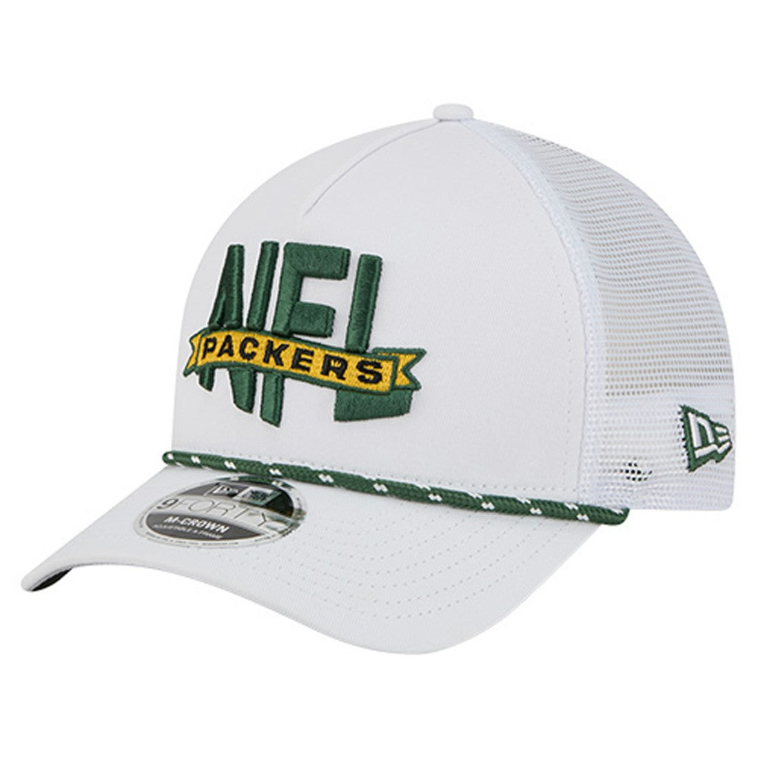 Green Bay Packers New Era NFL 9FORTY A-Frame M-Crown Adjustable Trucker Hat - White cheap