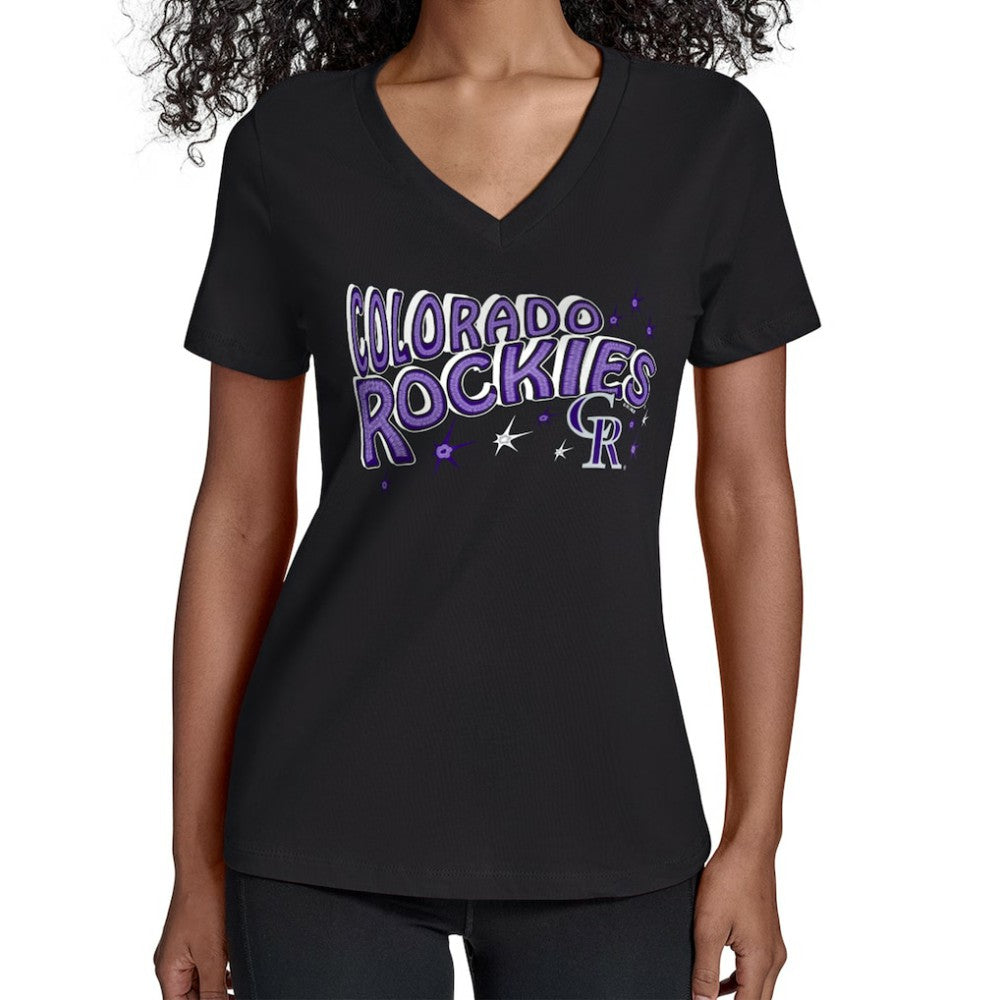 Colorado Rockies Starter Women's Fireworks V-Neck T-Shirt Black