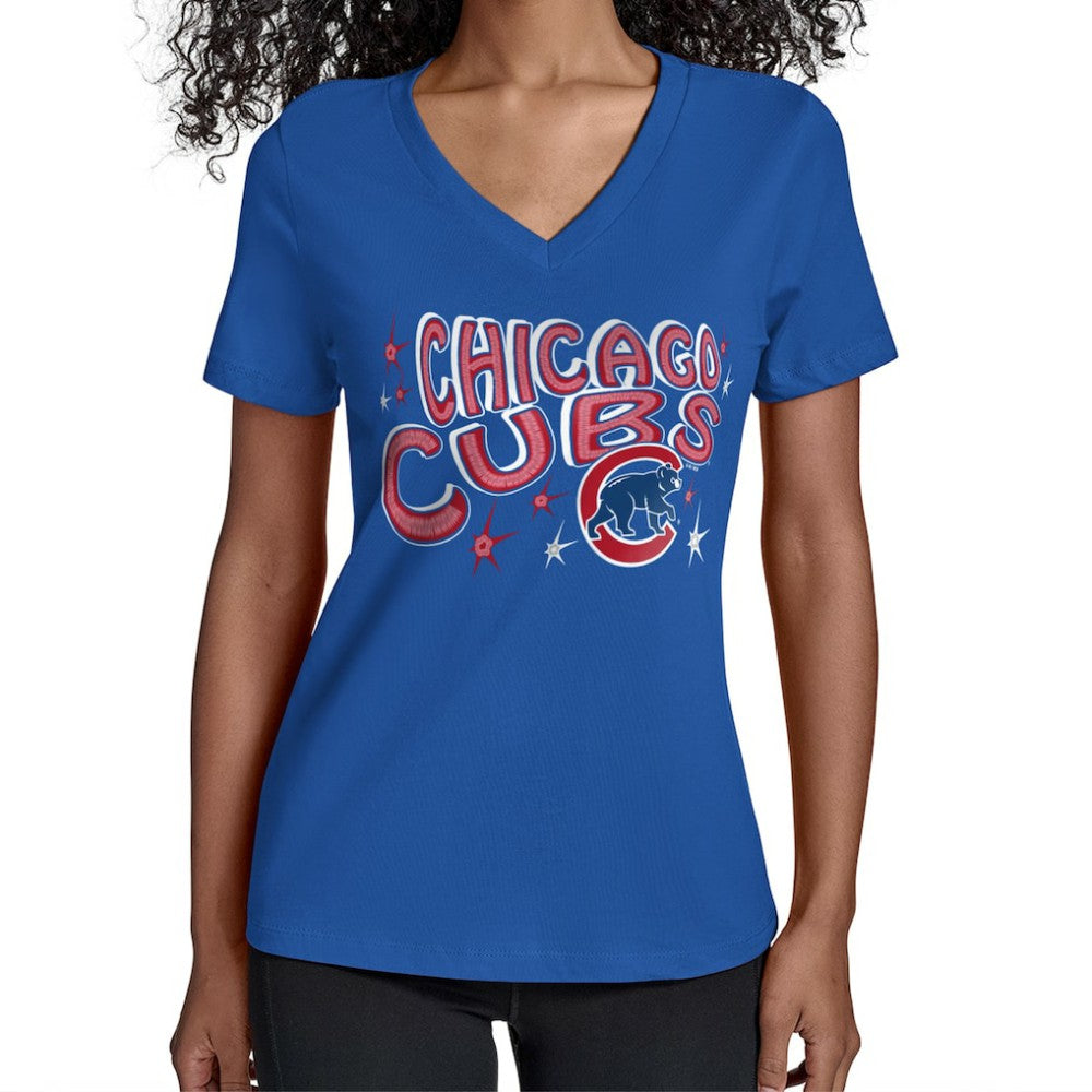 Chicago Cubs Starter Women's Fireworks Team Name V-Neck T-Shirt Royal