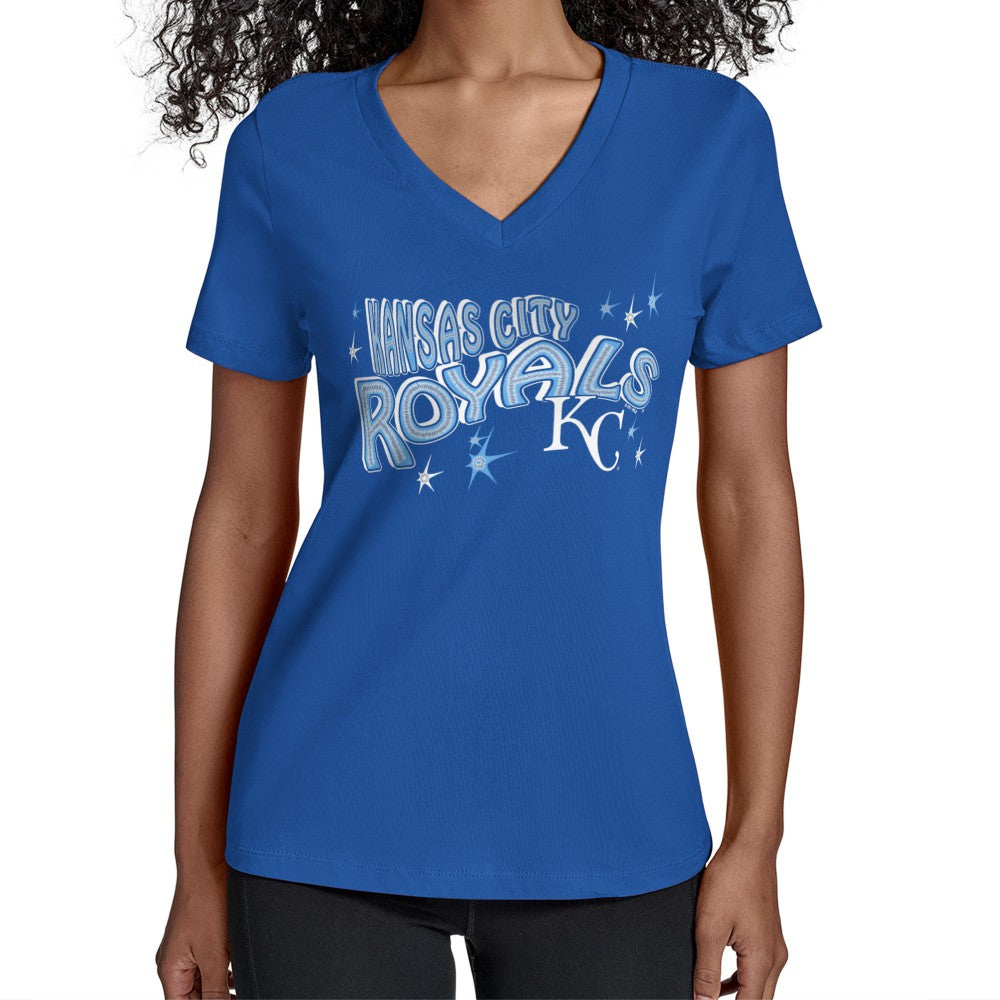 Kansas City Royals Starter Women's Fireworks Team Name V-Neck T-Shirt Royal
