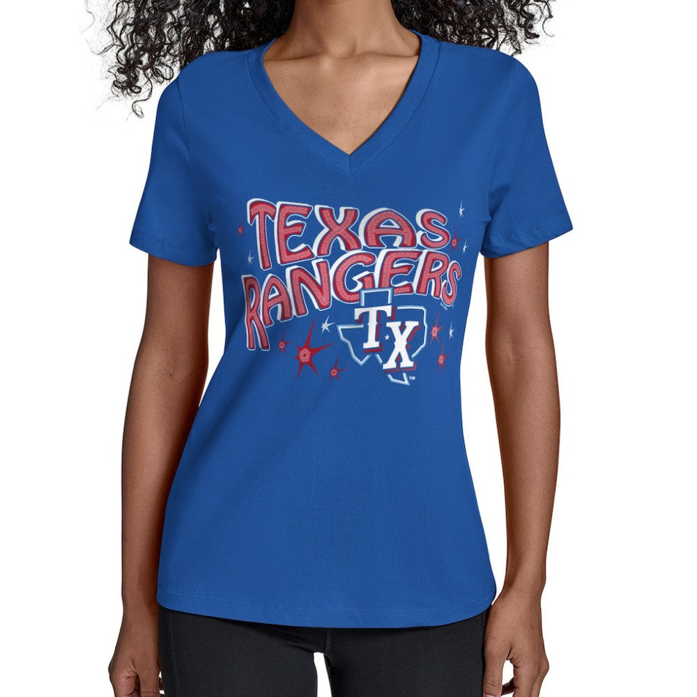 Texas Rangers Starter Women's Fireworks Team Name V-Neck T-Shirt Royal