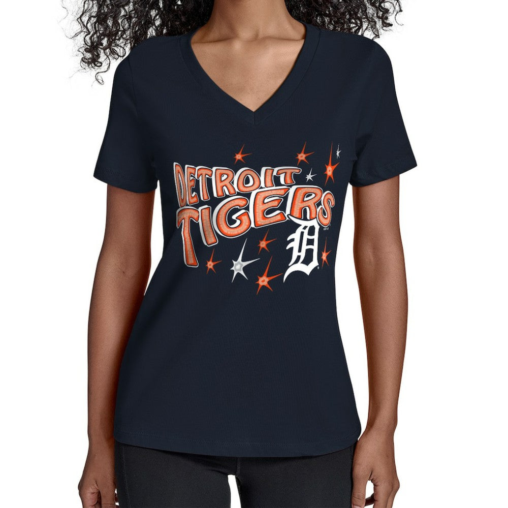 Detroit Tigers Starter Women's Fireworks V-Neck T-Shirt Navy