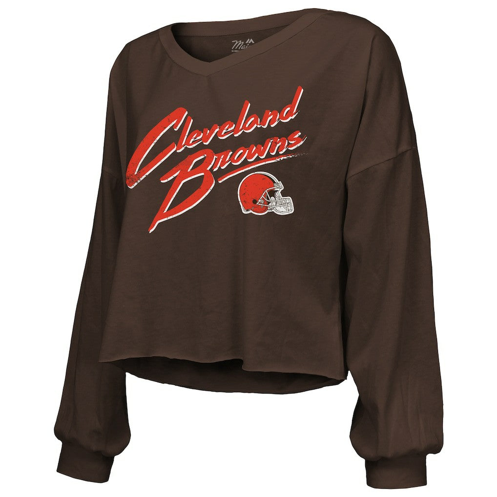 Shedeur Sanders Cleveland Browns Majestic Threads Women's Name & Number Off-Shoulder Script Cropped Long Sleeve Relaxed V-Neck T-Shirt - Brown sale