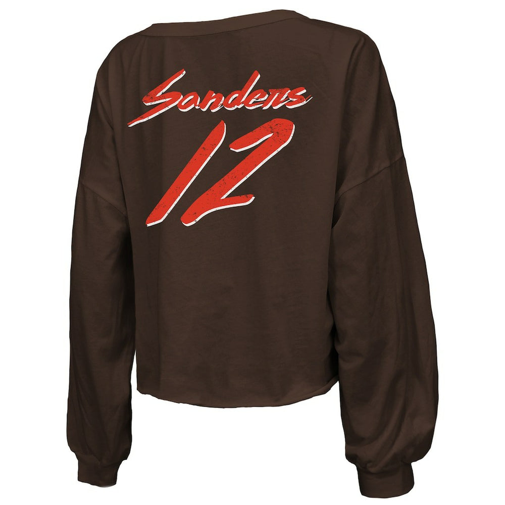 Shedeur Sanders Cleveland Browns Majestic Threads Women's Name & Number Off-Shoulder Script Cropped Long Sleeve Relaxed V-Neck T-Shirt - Brown sale
