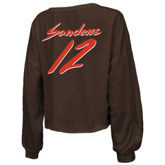 Shedeur Sanders Cleveland Browns Majestic Threads Women's Name & Number Off-Shoulder Script Cropped Long Sleeve Relaxed V-Neck T-Shirt - Brown sale