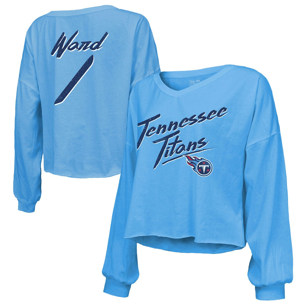 Cameron Ward Tennessee Titans Majestic Threads Women's Name & Number Off-Shoulder Script Cropped Long Sleeve Relaxed V-Neck T-Shirt - Light Blue outlet