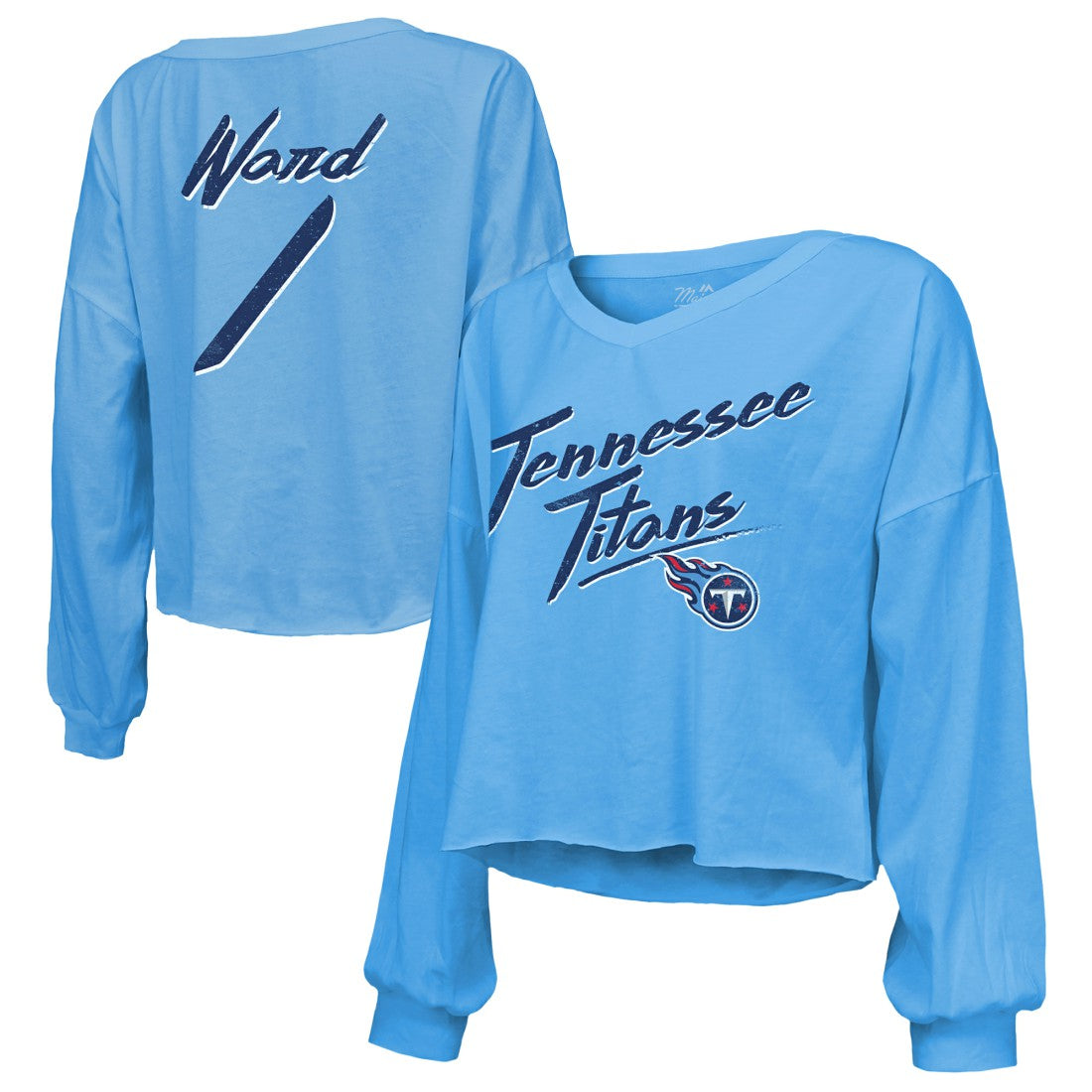 Cameron Ward Tennessee Titans Majestic Threads Women's Name & Number Off-Shoulder Script Cropped Long Sleeve Relaxed V-Neck T-Shirt - Light Blue outlet