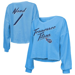 Cameron Ward Tennessee Titans Majestic Threads Women's Name & Number Off-Shoulder Script Cropped Long Sleeve Relaxed V-Neck T-Shirt - Light Blue outlet