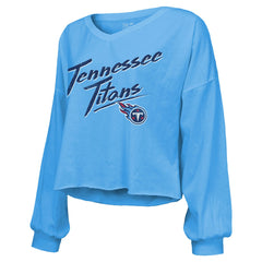 Cameron Ward Tennessee Titans Majestic Threads Women's Name & Number Off-Shoulder Script Cropped Long Sleeve Relaxed V-Neck T-Shirt - Light Blue outlet