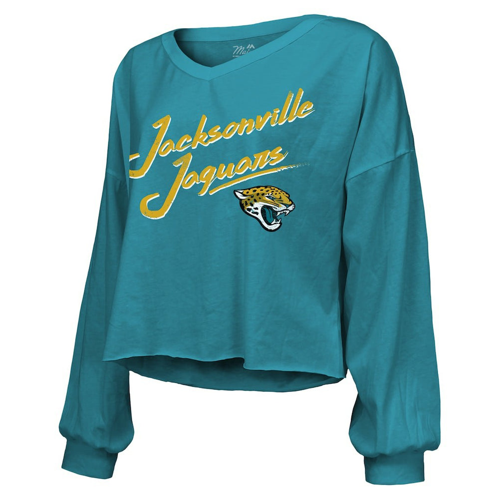 Travis Hunter Jacksonville Jaguars Majestic Threads Women's Name & Number Off-Shoulder Script Cropped Long Sleeve Relaxed V-Neck T-Shirt - Teal online