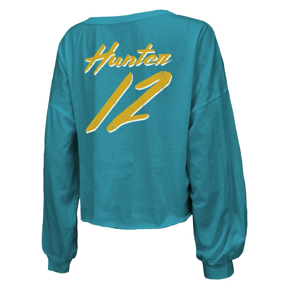 Travis Hunter Jacksonville Jaguars Majestic Threads Women's Name & Number Off-Shoulder Script Cropped Long Sleeve Relaxed V-Neck T-Shirt - Teal online