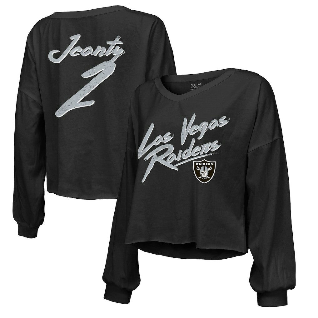 Ashton Jeanty Las Vegas Raiders Majestic Threads Women's Name & Number Off-Shoulder Script Cropped Long Sleeve Relaxed V-Neck T-Shirt - Black discount